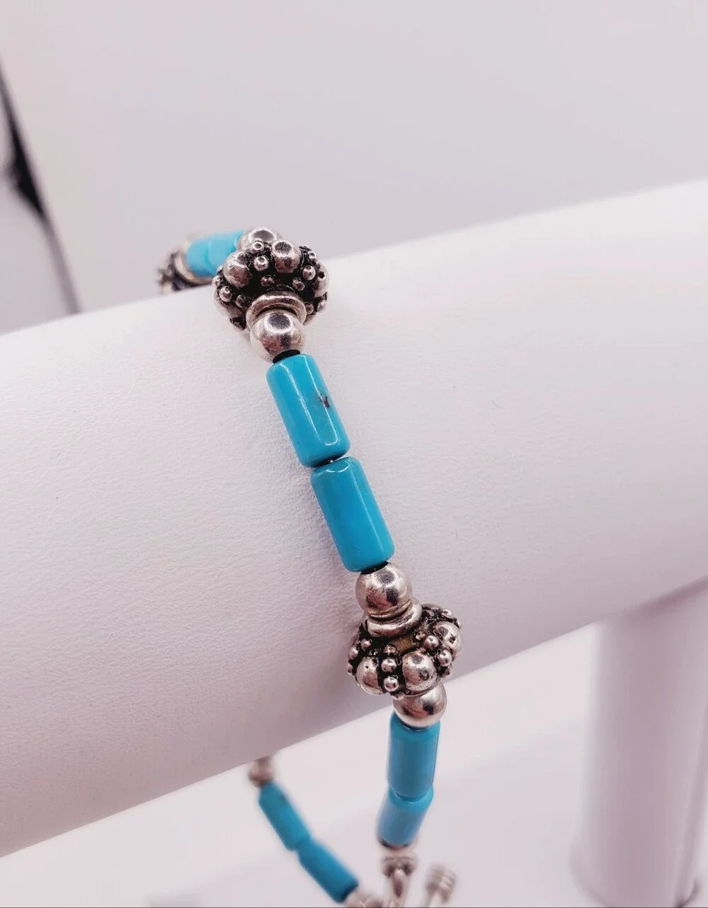 Genuine Turquoise 925 Sterling Silver Bead Bracelet With Toggle Clasp